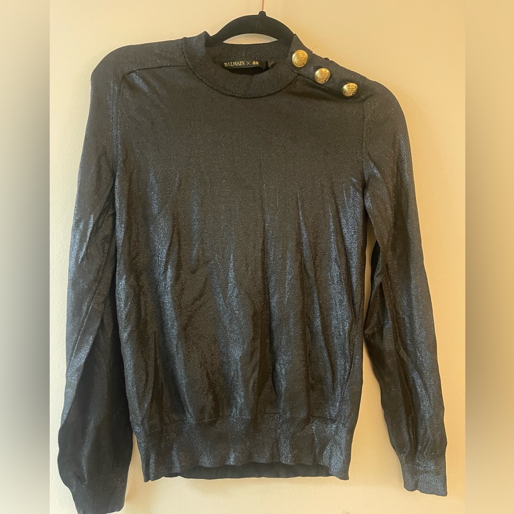 Balmain X H&M metallic blue sweater with gold bottom accent
